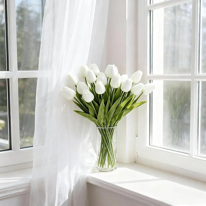 Real Touch Artificial Tulips, 20pcs Fake Tulip Flowers Stem, PU Faux Tulips 13.5” for Mother's Day, Home Decor, Wedding, Easter Valentine's Gift, Table Centerpieces, Floral Arrangements, White