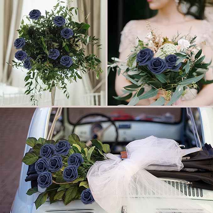 100Pcs Navy Blue Artificial Flowers Roses Real Looking Foam Fake Roses with Leaves and for DIY Wedding Bouquets Bridal Shower Centerpieces Party Decorations (Navy Blue, 100)