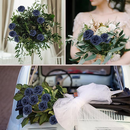 100Pcs Navy Blue Artificial Flowers Roses Real Looking Foam Fake Roses with Leaves and for DIY Wedding Bouquets Bridal Shower Centerpieces Party Decorations (Navy Blue, 100)