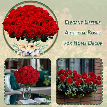 100 PCS Fake Red Roses, Artificial Red Flowers Bulk Realistic Silk Faux Rose with Stems for Wedding Decoration Anniversary Bridal Bouquet DIY Floral Arrangement Romantic Home Decor Gifts