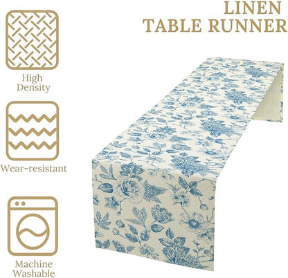 Blue Floral Table Runner, Spring Summer Sketch Wildflower Vintage Country Farmhouse Coffee Table Center Decor for Home Kitchen Dining Patio Holiday Party Table Decorations 13x72 inches