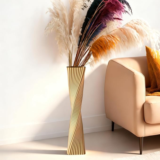 23.6" (60cm) Tall Gold Floor Vase for Pampas Grass, Floor Vases for Modern Geometry Decor - Minimalist Skinny Unique Shape Flower Vase for Farmhouse Entryway, Fireplace,Shelf