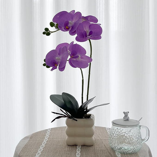 Artificial Orchid Flowers, 14 Inches Tall, Purple, Set in White Vases for Home Decor Orchid Artificial Flowers