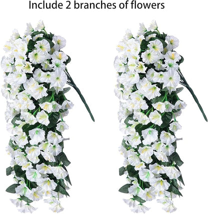 Artificial Faux Hanging Plants Flowers for Winter Christmas Outdoor Outside Decor, 2 PCS Fake Silk White Morning Glory Long Vines UV Resistant Look Real for Home Porch Patio Balcony Planter Decoration