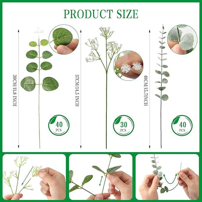 110 Pcs Artificial Eucalyptus Stems, Babys Breath，Bulk Artificial Flowers, Artificial Eucalyptus Leaves, Faux Greenery - DIY Wedding Bouquets, Centerpieces, Vase Filler, Farmhouse Decor