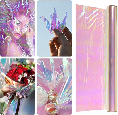 Giiffu Iridescent Cellophane Wrap Roll, 34" Wide x 50 Ft Long | Holographic Film for Gift Baskets, Floral Bouquets, Easter Gifts & Craft Projects
