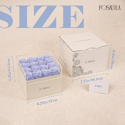 Rosaura Square Preserved Roses Gift Box - Real Forever Flowers in Clear Acrylic Lid, Valentine's for Women (Sky Blue, 16 Roses)