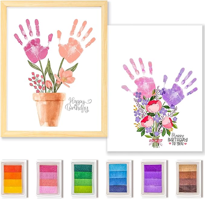 CLUSIVC DIY Christmas Birthday Gift for Grandma and Mom Flower Bouquet Handprint Craft Kit, Unique Gifts for Grandma Mom Mimi Nana,New Year Gift(12" x 16", 2 Art Papers, Wood Frame)
