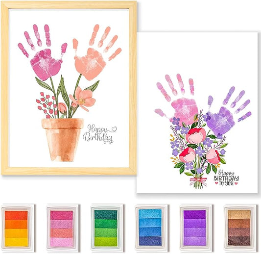 CLUSIVC DIY Christmas Birthday Gift for Grandma and Mom Flower Bouquet Handprint Craft Kit, Unique Gifts for Grandma Mom Mimi Nana,New Year Gift(12" x 16", 2 Art Papers, Wood Frame)