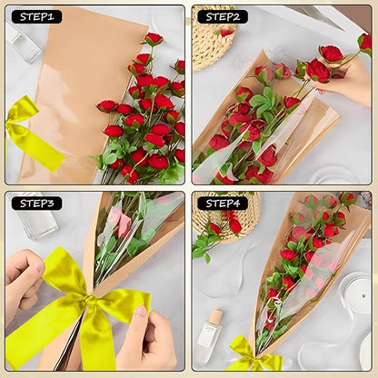 ACXFOND 100Pcs Flower Bouquet Bags, Kraft Flower Bags Bouquet Wrapping Paper with Ribbons for Florist Supplies Wedding Birthday Mother's Day, Teacher, Graduation Gift 9.4x3.5x17.9 Inches