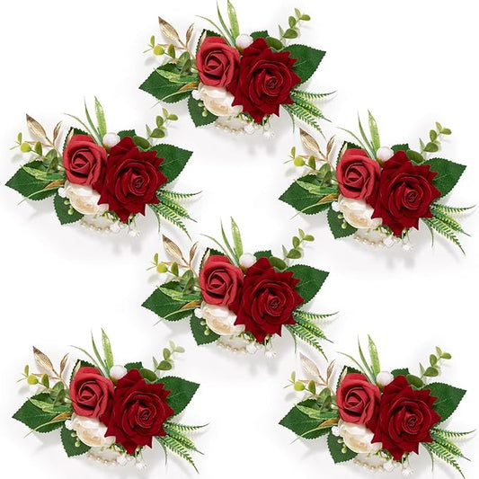Serwalin 6 PCS Burgundy Wrist Corsage for Wedding, Roses Wrist Corsage for Prom Homecoming Party Corsage Hand Decor for Bride Bridesmaids, Mother of Bride and Groom