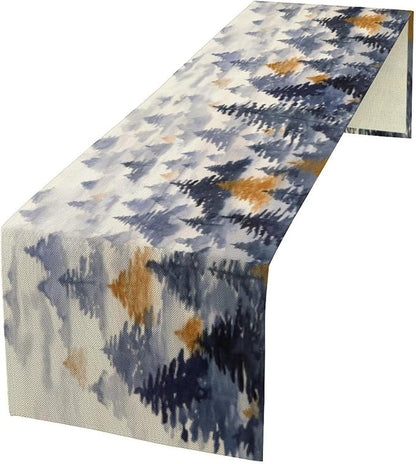Watercolor Blue Pine Trees Table Runner, Forest Woodland Tabletop Scarf Home Kitchen Holiday Decor, Seasonal Farmhouse Rustic Dining Decorations Party Supply 13 X 90 Inch