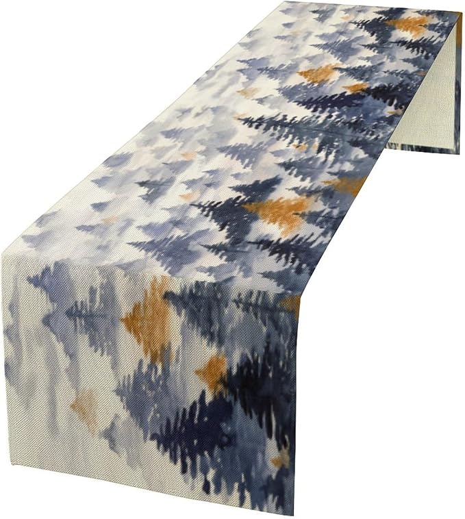 Watercolor Blue Pine Trees Table Runner, Forest Woodland Tabletop Scarf Home Kitchen Holiday Decor, Seasonal Farmhouse Rustic Dining Decorations Party Supply 13 X 70 Inch