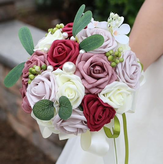 Lightweight Bridal Wedding Bouquet Round Holding Bouquet Throw Toss Artificial Rose Flower Bunch for Bride Bridesmaid Wedding Quinceanera (Cream, Smoky Rose, Light Taro & Burgundy, 7.9")