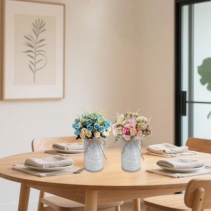 6" High Vase Centerpiece for Table, Rustic Farmhouse Mason Jars with Twine Bow, Vintage Galvanized Metal Flower Container for Wedding Home Decor (Silver, 12Pcs)