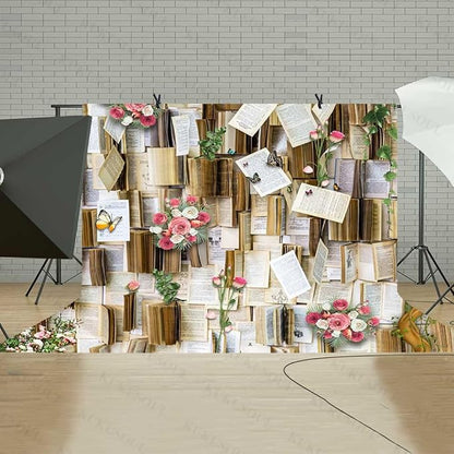 8x8ft Vintage Bookshelf Background Books Pink Flowers Weeding Decor Photo Backdrop Girls Party Kids Baby Shower Birthday Baby Shower Photo Studio Props KUBDJ731