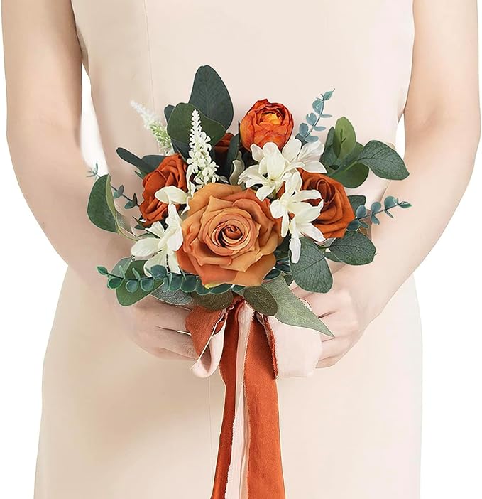 Rinlong 1Pc Fall Wedding Bouquets for Bridesmaids Burnt Orange Sage Artificial Bridesmaid Bouquet for Wedding Prom