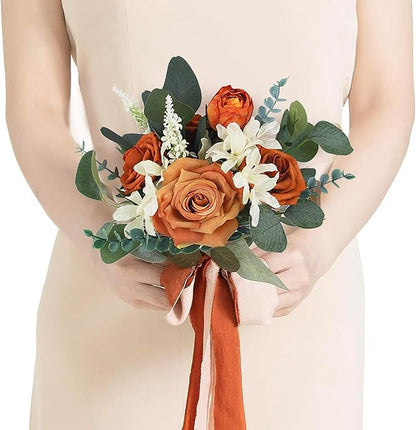 Rinlong 1Pc Fall Wedding Bouquets for Bridesmaids Burnt Orange Sage Artificial Bridesmaid Bouquet for Wedding Prom