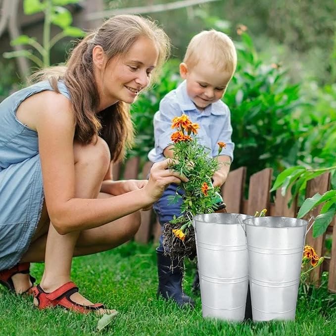 8pcs 12.8inch Flower Buckets for Flower Bar Supplies, Silver Vases for Centerpieces, Galvanized Bucket, Metal Bucket, Rustic Vases for Flowers, Tin Vase (Silver, 12.8inch Height, Set of 8)
