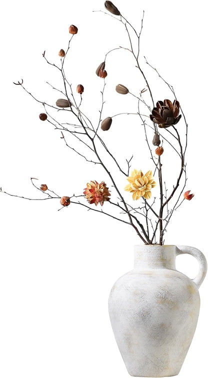 9 in Rustic Ceramic Farmhouse Vase with 1 Handle,Glazed Beige and Yellow Vintage Pottery Jar with Black Distressed Eroded Texture Finish,Boho for Home Decor,Tabletop,Mantel,or Living Room