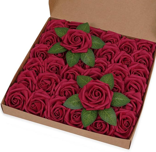 BLEUM CADE 36Pcs Artificial Flowers Fake Roses with Stems, Burgundy Boxed Foam Roses for DIY Bouquets Centerpieces Wedding Party Arrangement Bridal Shower Decor