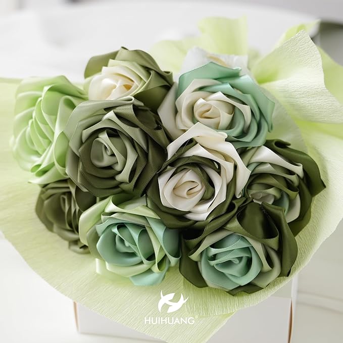 HUIHUANG Green Satin Ribbon 1-1/2 inch Ivory/Sage Green/Dusty Sage/Moss Green Double Face Satin Ribbons for Flower Bouquet, Gift Wrapping, Bows, Crafts, Eternal Rose- Total 30 Yards