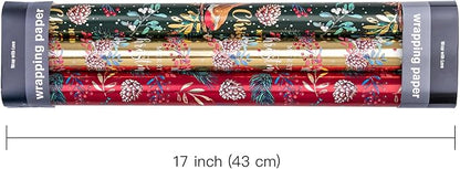 WRAPAHOLIC Christmas Wrapping Paper Roll - Mini Roll - 3 Rolls - 17 Inch x 120 Inch Per Roll - Bird, Christmas Garland, Holly and Pinecones Holiday Design with Metallic Foil Shine