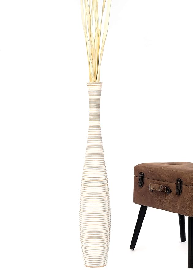 Leewadee Large White Wash Home Decor Floor Vase – Wooden 34 inches Tall Farmhouse Decor Flower Holder for Fake Plant and Pampas Grass