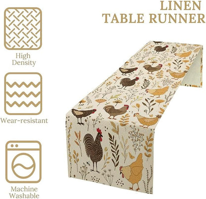 Farmhouse Rooster Table Runner, Rustic Farm Animals Cute Cartoon Chicken Floral Dinner Runner for Farmhouse Home Kitchen Dinner Table Holiday Party Decoration 13x60in