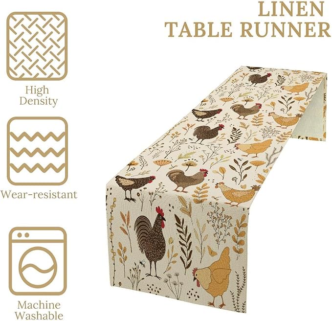 Farmhouse Rooster Table Runner, Rustic Farm Animals Cute Cartoon Chicken Floral Dinner Runner for Farmhouse Home Kitchen Dinner Table Holiday Party Decoration 13x36in