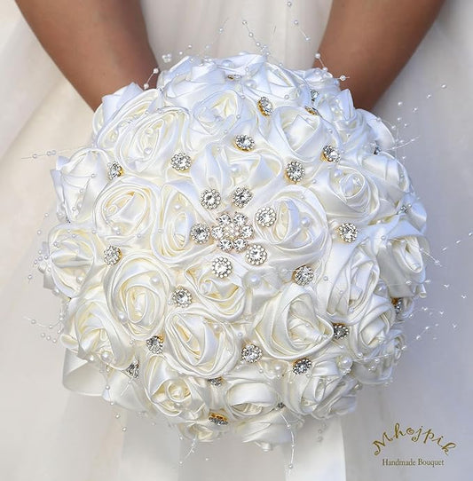 Bridal Wedding Bouquet Round Bling Brooch Bouquet Throw Toss Artificial Rose Flower Bunch for Bride Bridesmaid Wedding Quinceanera(Ivory, 7.5")