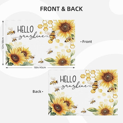 Farmhouse Sunflower Placemats Set of 6, Hello Sunshine Place Mats, Rustic Bee Dining Table Mats, Washable Placemats for Kitchen Dining Room Home Decor 18L'' × 12W''