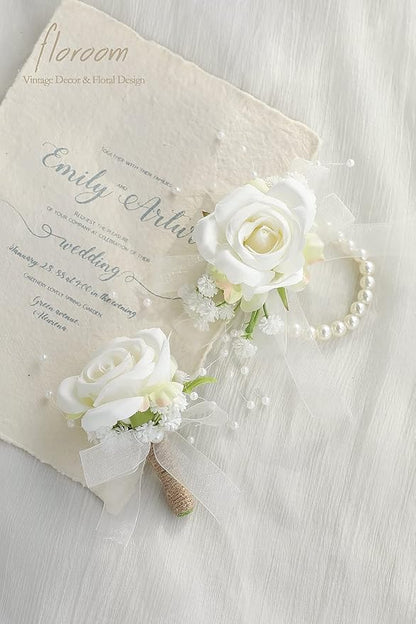 Floroom Ivory Rose Wrist Corsage Bracelet Wristlet Band and Men Boutonniere Set for White Wedding Flower Accessories Prom Suits