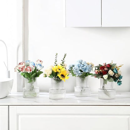 Ribbed Glass Vases, Set of 4 Small Vases for Flowers, Clear Glass Vase for Tulips, Modern Vase for Living Room, Kitchen, Office, Entryway, Bookshelf, Wedding Gifts, Birthday, 6 Inches