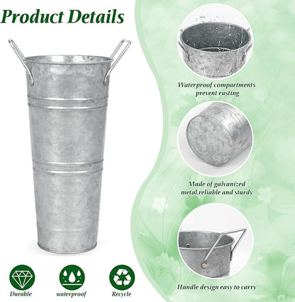 6pcs 9inch-Galvanized Metal Vases Farmhouse French Flowers Bucket Vase with Handles Rustic Tin Flower Holder for Cut Plants Housewarming Gift for Balcony Garden Courtyard