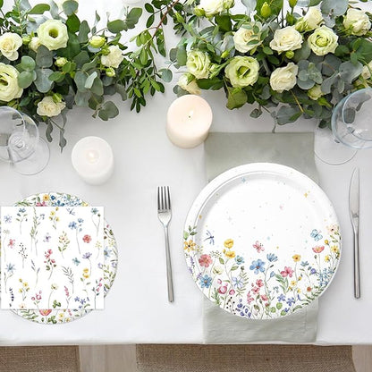 168PCS Wildflower Party Decorations Spring Floral Baby Shower Birthday Decorations Include Plates, Cups, Napkins, Cutlery for Wildflower Baby Shower Tea Decorations, Serve 24