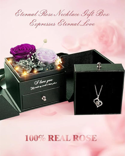 Birthday Gifts for Women, Preserved Real Roses with Heart Necklace I Love You in 100 Languages, Anniversary Wedding Gifts for Women Her Girlfriend Wife, 2 Forever Roses Necklace Gift Box Purple