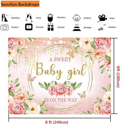 Sensfun Pink Floral Baby Girl Decorations - Glitter Gold Blush Flowers Photo Booth Banner for Baby Showers (8x6ft)