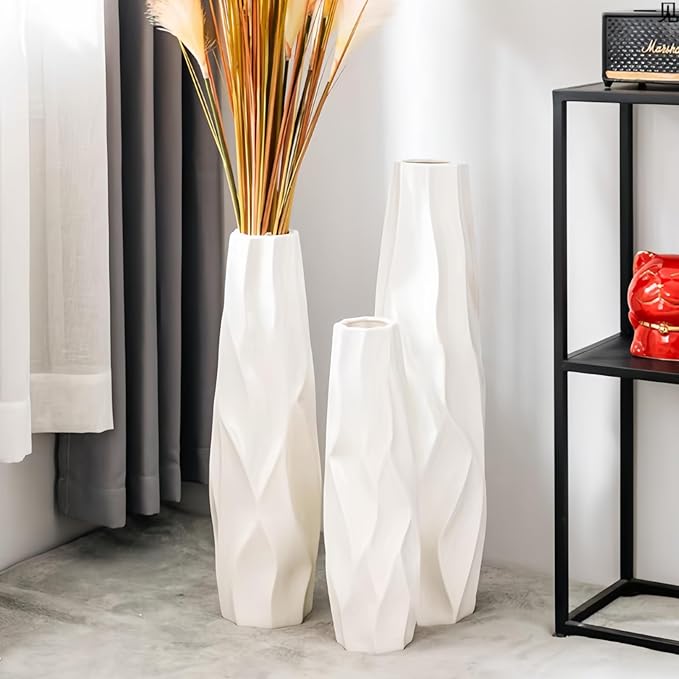 Large Floor Ceramic Vase 24 Inches Tall,White Modern Flower Tall Vases for Office, Home,Farmhouse,Living Room Décor,Simple Origami Design Fall Decorative Porcelain Flower Arrangement Vase Ideal Gift