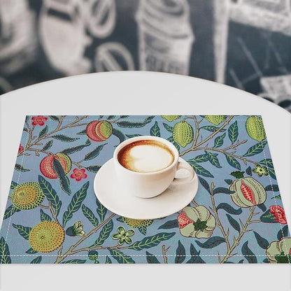 Vintage Fruit Placemats Set of 6, William Morris Retro Boho Flower Botanical Plant Place Mats, Heat Resistant Non Slip Cotton Linen Dining Table Mats for Home Kitchen Party 18x12 Inch
