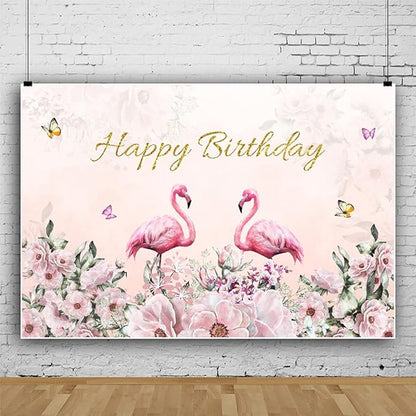 Renaiss 7x5ft Happy Birthday Backdrop Pink Flamingo Theme Birthday Party Photography Background for Girls Daughter Flower Butterfly Cake Table Banner Decor Studio Portrait Pink Photo Props