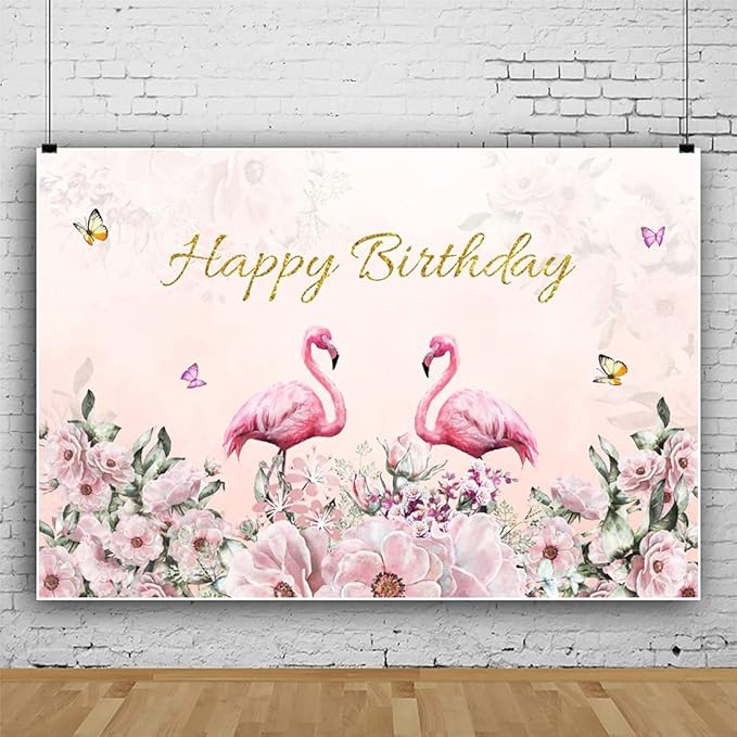Renaiss 5x3ft Happy Birthday Backdrop Pink Flamingo Theme Birthday Party Photography Background for Girls Daughter Flower Butterfly Cake Table Banner Decor Studio Portrait Pink Photo Props