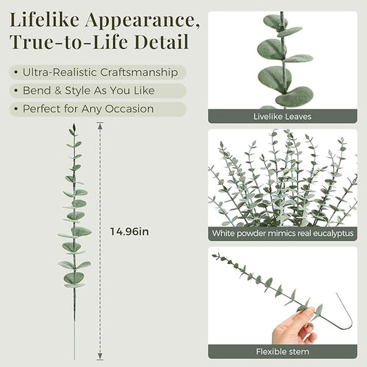 24Pcs Faux Eucalyptus Stems, 15" Artificial Eucalyptus Plants with White Frosted Coating, Fake Eucalyptus Decor Plastic Greenery Leaves for Wedding Bouquets Home Decor DIY Floral Arrangements