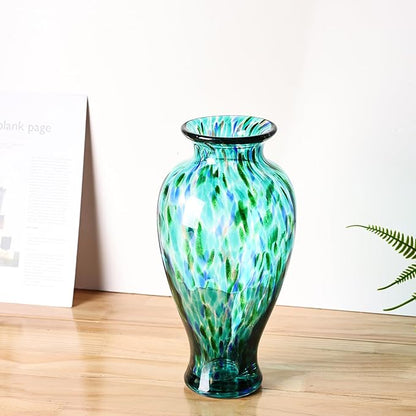 11.8" Tall Turquoise Glass Vase Beautiful Hand Blown Glass Vase Modern Art Home Decor, Wide Mouth Colorful Vases for Mantle Dining Table Centerpiece, Entryway Living Room Wedding Decoration