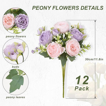 MARTINE MALL 12 Packs Peonies Artificial Flowers, Pinkish-Purple Artificial Peonies, Silk Peonies Flowers Fake peonies Artificial Flowers Peonies Bouquet for Centerpiece Table Wedding Party Home Decor