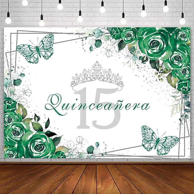 SENDY 10x7ft Quinceañera Backdrop Mis Quince 15 Anos Birthday Party Decorations Supplies for Girl Princess Green Floral Butterfly Silver Crown Photography Background Banner Photo Booth Studio Props