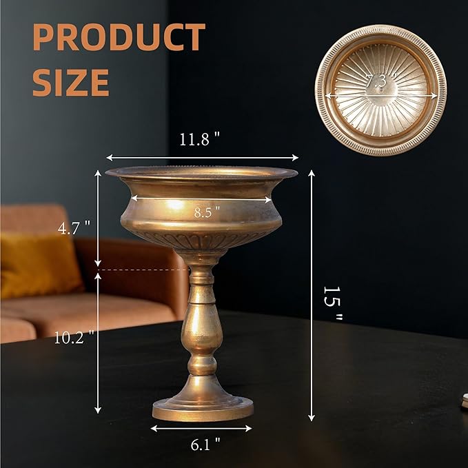 WORTH 15" H. Tall Gold Color Urn Vase for Centerpieces, 11.8" Dia. Classic Metal Trumpet Small Flower Pots for Table, Bowl Vase for Wedding Party Event Home Decor