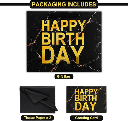 ASYEHJNR 13" Large Size Black Gold Birthday Gift Bag Marble with Metallic Gold Happy Birthday Sign Gift Bag with Greeting Card and Tissue Paper for Boy Men Bday Supplies