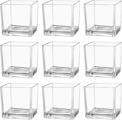 Square Glass Vases Set of 9, 4"x 4"x 4" Flower Vases for Centerpieces, Clear Glass Vase for Flowers, Small Vase for Wedding, Party, Home Office Decoration