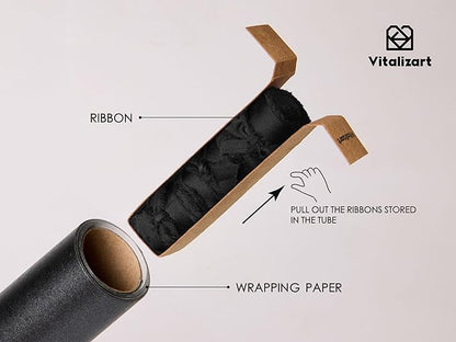 Vitalizart Black Wrapping Paper Set 17" Pearly-Lustre With Silk Like Satin Ribbon & Gift Tags Recyclable Christmas Gift Wrapping Birthday Baby Shower Wedding Handmade Crafts 197"(16.4 Ft)